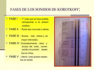 FASES DE LOS SONIDOS DE KOROTKOFF : FASE I  :  1º ruido que se hace audible,  corresponde  a  la  presión  sistólica . FASE II  :  Ruido tipo murmullo o silbido.  FASE III  :  Ruidos  más  nítidos y  de  mayor intensidad .  FASE IV :  Ensordecimiento  claro  y  brusco  del  ruido,  corres- ponde a la presión  diastó-  lica en niños . FASE V  :  Ultimo  ruido presión diastó- lica en adulto.  
