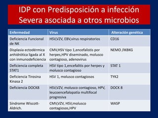 IDP con Predisposición a infección
Severa asociada a otros microbios
Enfermedad Virus Alteración genética
Deficiencia Funcional
de NK
HSV,VZV, EBV,virus respiratorios CD16
Displasia ectodérmica
anhidrótica ligada al X
con inmunodeficiencia
CMV,HSV tipo 1,encefalistis por
herpes,HPV diseminado, molusco
contagioso, adenovirus
NEMO /IKBKG
Deficiencia completa
STAT1
HSV tipo 1,encefalitis por herpes y
molusco contagioso
STAT 1
Deficiencia Tirosina
Kinasa 2
HSV 1, molusco contagiosos TYK2
Deficiencia DOCK8 HSV,VZV, molusco contagioso, HPV,
leucoencefalopatía multifocal
progresiva
DOCK 8
Síndrome Wiscott-
Aldrich.
CMV,VZV, HSV,molusco
contagiosos,HPV
WASP
 