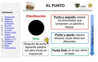 7
EL PUNTO
Después de punto,
siguiente palabra
con letra inicial en
mayúscula
Clasificación Punto y seguido: separa
los enunciados que
componen un párrafo o
bloque.
Punto y aparte: separa
bloques cuyas ideas son
diferentes.
Punto final: es el que cierra
un texto.
Nota:
Rapidezdelectura
CONTENIDO
1. Introducción
2. Objetivos
3. Signos de
puntuación
4. El punto
5. Dos puntos
6. La coma
7. Punto y coma
8. Puntos
suspensivos
9. Signos ¿? Y ¡!
10. Paréntesis
11. Comillas
12. Raya
13. Conclusiones
 