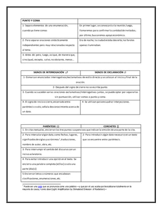PUNTO Y COMA
1- Separa elementos de una enumeración,
cuando ya tiene comas
En primer lugar,se convocará a la reunión;luego,
llamaremos para confirmarla cantidad deinvitados;
por último,buscaremos apoyo económico.
2- Para separar oraciones sintácticamente
independientes pero muy relacionadasrespecto
al tema.
Era de noche; la ciudad estaba desierta;los faroles
apenas iluminaban.
3- Antes de: pero, luego, así que, de manera que,
sino (que), excepto, salvo,no obstante, menos…
SIGNOS DE INTERROGACIÓN ¿? SIGNOS DE EXCLAMACIÓN ¡!
1- Enmarcan enunciados interrogativos/exclamativos de estilo directo y se colocan al inicio y final de la
oración.
2- Después del signo de cierre no se escribe punto.
3- Cuando se suceden varias oraciones exclamativas/interrogativas juntas, se puede optar por separarlas
sin puntuación, utilizar comas o punto y coma.
4- El signo de inicio o cierre,encerrado entre
paréntesis o solo,señala desconocimiento acerca de
un dato.
4- Se utilizan paraencuadrar interjecciones.
PARÉNTESIS ( ) CORCHETES []
1- En citas textuales,encierran los tres puntos suspensivos queindican la omisión deuna parte de la cita.
2- Para intercalaralgún dato,como fechas,lugares,
significadosdesiglasy acrónimos1,traducciones,
nombre de autor, obra,etc.
2- Para introducir algún dato necesario en un texto
que se encuentre entre paréntesis.
3- Para interrumpir el sentido del discurso con un
inciso aclaratorio.
4- Para evitar introducir una opción en el texto. Se
encierra una palabra completa [el/los] o solo una
parte [día(s)]
5-Encierran letras o números que encabezan
clasificaciones,enumeraciones,etc.
1
Puede ser una sigla que se pronuncia como una palabra —y que por el uso acaba por lexicalizarse totalmente en la
mayoría de casos,1
como láser (Light Amplification by Stimulated Emission of Radiation)—
 