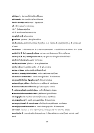 35
aldolasa A: fructosa-bisfosfato-aldolasa
aldolasa B: fructosa-bisfosfato-aldolasa
aldosa-mutarotasa: aldosa-1-epimerasa
ali-esterasa: carboxilesterasa
ALP: fosfatasa alcalina
ALT: alanina-aminotransferasa
amigdalasa: β-glucosidasa
γγ -amilasa: glucano-1,4-α-glucosidasa
amilasemia: 1. concentración de α-amilasa en el plasma 2. concentración de α-amilasa en
el suero
amilasuria: 1. concentración de α-amilasa en la orina 2. excreción de α-amilasa en la orina
amilo-(1,4 →→ 1,6)-transglicosilasa: enzima ramificadora del 1,4- α-glucano
amilo-(1,4 →→ 1,6)-transglucosidasa: 1,4-α-glucano-6-α-glucosiltransferasa
amilofosforilasa: glucógeno-fosforilasa
amiloglucosidasa: glucano-1,4- α-glucosidasa
amilopectina: α-dextrina-endo-1,6- α-glucosidasa
amina-oxidasa: amina-oxidasa (flavinífera)
amina-oxidasa (piridoxalífera): amina-oxidasa (cuprífera)
aminoácido-arilamidasa: alanil-aminopeptidasa de membrana
aminoacilhistidina-dipeptidasa: X-His-dipeptidasa
amino-oligopeptidasa: alanil-aminopeptidasa de membrana
δδ -aminolevulinato-deshidrasa: porfobilinógeno-sintasa
5-aminolevulinato-deshidratasa: porfobilinógeno-sintasa
δδ -aminolevulinato-deshidratasa: porfobilinógeno-sintasa
aminopeptidasa M: alanil-aminopeptidasa de membrana
aminopeptidasa N: alanil-aminopeptidasa de membrana
aminopeptidasa I de membrana : alanil-aminopeptidasa de membrana
aminopeptidasa microsómica: alanil-aminopeptidasa de membrana
amoníaco: [cuando se hace referencia a amoníaco más ion amonio] amonio
amoniemia: 1. concentración de amonio en el plasma 2. concentración de amonio en el
suero
 