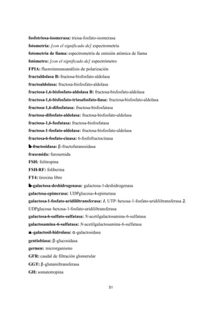 51
fosfotriosa-isomerasa: triosa-fosfato-isomerasa
fotometría: [con el significado de] espectrometría
fotometría de llama: espectrometría de emisión atómica de llama
fotómetro: [con el significado de] espectrómetro
FPIA: fluoroinmunoanálisis de polarización
fructaldolasa B: fructosa-bisfosfato-aldolasa
fructoaldolasa: fructosa-bisfosfato-aldolasa
fructosa-1,6-bisfosfato-aldolasa B: fructosa-bisfosfato-aldolasa
fructosa-1,6-bisfosfato-triosafosfato-liasa: fructosa-bisfosfato-aldolasa
fructosa-1,6-difosfatasa: fructosa-bisfosfatasa
fructosa-difosfato-aldolasa: fructosa-bisfosfato-aldolasa
fructosa-1,6-fosfatasa: fructosa-bisfosfatasa
fructosa-1-fosfato-aldolasa: fructosa-bisfosfato-aldolasa
fructosa-6-fosfato-cinasa: 6-fosfofructocinasa
ββ -fructosidasa: β-fructofuranosidasa
frusemida: furosemida
FSH: folitropina
FSH-RF: foliberina
FT4: tiroxina libre
ββ-galactosa-deshidrogenasa: galactosa-1-deshidrogenasa
galactosa-epimerasa: UDPglucosa-4-epimerasa
galactosa-1-fosfato-uridililtransferasa: 1. UTP–hexosa-1-fosfato-uridililtransferasa 2.
UDPglucosa–hexosa-1-fosfato-uridililtransferasa
galactosa-6-sulfato-sulfatasa: N-acetilgalactosamina-6-sulfatasa
galactosamina-6-sulfatasa: N-acetilgalactosamina-6-sulfatasa
αα -galactosil-hidrolasa: α-galactosidasa
gentiobiasa: β-glucosidasa
germen: microrganismo
GFR: caudal de filtración glomerular
GGT: β-glutamiltransferasa
GH: somatotropina
 