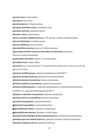 53
glucoinvertasa: α-glucosidasa
glucocinasa: hexocinasa
glucofosfomutasa: fosfoglucomutasa
glucógeno-fosforilasa-cinasa: fosforilasa-cinasa
glucógeno-sintetasa: glucógeno-sintasa
gluconato-cinasa: gluconocinasa
glucosa-1-fosfato-uridililtransferasa: UTP–glucosa-1-fosfato-uridililtransferasa
glucosa-fosfomutasa: fosfoglucomutasa
glucosa-oxihidrasa: glucosa-oxidasa
glucosafosfato-isomerasa: glucosa-6-fosfato-isomerasa
glucosamina-6-fosfato-isomerasa-(formadora de glutamina): glutamina–
fructosa-6-fosfato-transaminasa
αα -glucosidasa lisosómica: glucano-1,4-α-glucosidasa
glucosidosucrasa: α-glucosidasa
glucosuria: [con el significado de] 1. concentración de glucosa en la orina 2. excreción de
glucosa en la orina
glutamato-deshidrogenasa: glutamato-deshidrogenasa [NAD(P)+]
glutamato-formiltransferasa: glutamato-formiminotransferasa
glutámico-alanina-transaminasa: alanina-transaminasa
glutámico-aspártico-transaminasa: aspartato-transaminasa
glutámico-deshidrogenasa: 1. glutamato-deshidrogenasa 2. glutamato-deshidrogenasa
[NAD(P)+] 3. glutamato-deshidrogenasa (NADP+)
glutámico-oxalacético-transaminasa: aspartato-transaminasa
glutámico-pirúvico-transaminasa: alanina-transaminasa
glutamil-transpeptidasa: γ-glutamiltransferasa
γγ -glutamil-transpeptidasa: γ-glutamiltransferasa
γγ -glutamilcisteína-sintasa: glutamato–cisteína-ligasa
γγ -glutamilcisteína-sintetasa: glutamato–cisteína-ligasa
glutamina-fosforribosilpirofosfato-amidotransferasa: amidofosforribosiltransferasa
glutamina-piruvato-aminotransferasa: glutamina–fructosa-6-fosfato-transaminasa
glutatión-S-alquiltransferasa: glutatión-transferasa
 