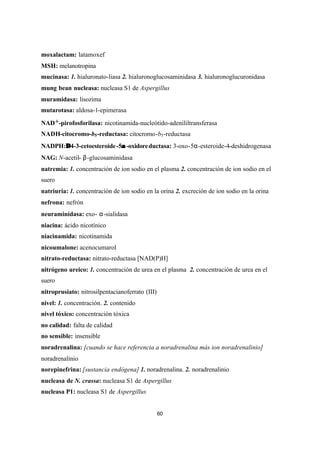 60
moxalactam: latamoxef
MSH: melanotropina
mucinasa: 1. hialuronato-liasa 2. hialuronoglucosaminidasa 3. hialuronoglucuronidasa
mung bean nucleasa: nucleasa S1 de Aspergillus
muramidasa: lisozima
mutarotasa: aldosa-1-epimerasa
NAD+-pirofosforilasa: nicotinamida-nucleótido-adenililtransferasa
NADH-citocromo-b5-reductasa: citocromo-b5-reductasa
NADPH:∆∆4-3-cetoesteroide-5αα -oxidoreductasa: 3-oxo-5α-esteroide-4-deshidrogenasa
NAG: N-acetil- β-glucosaminidasa
natremia: 1. concentración de ion sodio en el plasma 2. concentración de ion sodio en el
suero
natriuria: 1. concentración de ion sodio en la orina 2. excreción de ion sodio en la orina
nefrona: nefrón
neuraminidasa: exo- α-sialidasa
niacina: ácido nicotínico
niacinamida: nicotinamida
nicoumalone: acenocumarol
nitrato-reductasa: nitrato-reductasa [NAD(P)H]
nitrógeno ureico: 1. concentración de urea en el plasma 2. concentración de urea en el
suero
nitroprusiato: nitrosilpentacianoferrato (III)
nivel: 1. concentración. 2. contenido
nivel tóxico: concentración tóxica
no calidad: falta de calidad
no sensible: insensible
noradrenalina: [cuando se hace referencia a noradrenalina más ion noradrenalinio]
noradrenalinio
norepinefrina: [sustancia endógena] 1. noradrenalina. 2. noradrenalinio
nucleasa de N. crassa: nucleasa S1 de Aspergillus
nucleasa P1: nucleasa S1 de Aspergillus
 