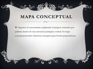 MAPA CONCEPTUAL
 Organiza el conocimiento empleando conceptos enlazados por
palabras dentro de una estructura jerárquica vertical. El mapa
conceptual permite relacionar conceptos para formar proposiciones
 