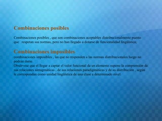 Combinaciones posibles 
Combinaciones posibles , que son combinaciones aceptables distribucionalmente puesto 
que respetan sus normas, pero no han llegado a dotarse de funcionalidad lingüística; 
Combinaciones imposibles 
combinaciones imposibles , las que no responden a las normas distribucionales luego no 
podrán darse. 
Obsérvese que el llegar a captar el valor funcional de un elemento supone la comprensión de 
sus relaciones sintagmáticas , de sus relaciones paradigmáticas y de su distribución , según 
le correspondan como unidad lingüística de una clase a determinado nivel. 
