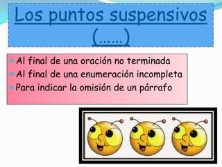 Los puntos suspensivos
(……)
 Al final de una oración no terminada
 Al final de una enumeración incompleta
 Para indicar la omisión de un párrafo
 
