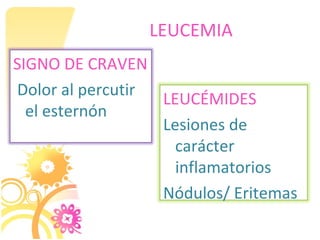 LEUCEMIA
SIGNO DE CRAVEN
Dolor al percutir
                  LEUCÉMIDES
  el esternón
                  Lesiones de
                    carácter
                    inflamatorios
                  Nódulos/ Eritemas
 