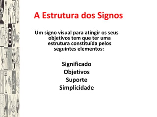 A Estrutura dos Signos
Um signo visual para atingir os seus
objetivos tem que ter uma
estrutura constituída pelos
seguintes elementos:
Significado
Objetivos
Suporte
Simplicidade
 