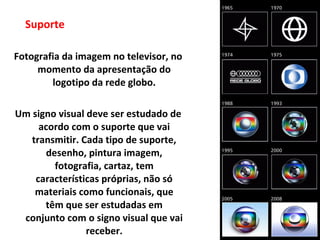 Suporte
Fotografia da imagem no televisor, no
momento da apresentação do
logotipo da rede globo.
Um signo visual deve ser estudado de
acordo com o suporte que vai
transmitir. Cada tipo de suporte,
desenho, pintura imagem,
fotografia, cartaz, tem
características próprias, não só
materiais como funcionais, que
têm que ser estudadas em
conjunto com o signo visual que vai
receber.
 