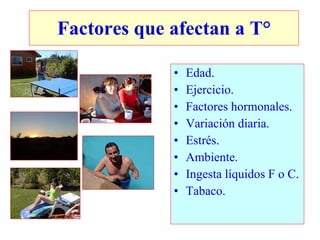 Factores que afectan a T° Edad. Ejercicio. Factores hormonales. Variación diaria. Estrés. Ambiente. Ingesta líquidos F o C. Tabaco. 