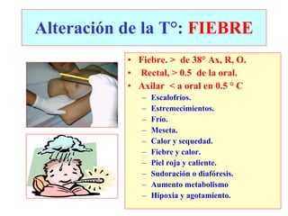 Alteración de la T°: FIEBRE
           • Fiebre. > de 38° Ax, R, O.
           • Rectal, > 0.5 de la oral.
           • Axilar < a oral en 0.5 ° C
              –   Escalofríos.
              –   Estremecimientos.
              –   Frío.
              –   Meseta.
              –   Calor y sequedad.
              –   Fiebre y calor.
              –   Piel roja y caliente.
              –   Sudoración o diafóresis.
              –   Aumento metabolismo
              –   Hipoxia y agotamiento.
 