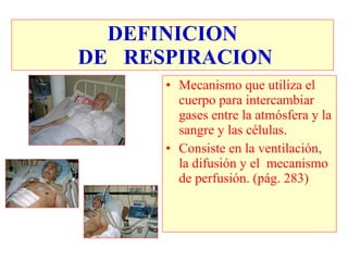 DEFINICION
DE RESPIRACION
      • Mecanismo que utiliza el
        cuerpo para intercambiar
        gases entre la atmósfera y la
        sangre y las células.
      • Consiste en la ventilación,
        la difusión y el mecanismo
        de perfusión. (pág. 283)
 