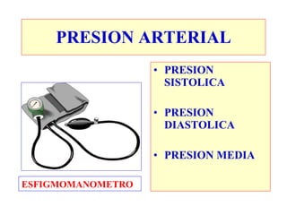 PRESION ARTERIAL
                   • PRESION
                     SISTOLICA

                   • PRESION
                     DIASTOLICA

                   • PRESION MEDIA

ESFIGMOMANOMETRO
 