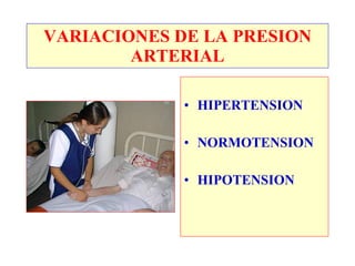 VARIACIONES DE LA PRESION
        ARTERIAL

             • HIPERTENSION

             • NORMOTENSION

             • HIPOTENSION
 
