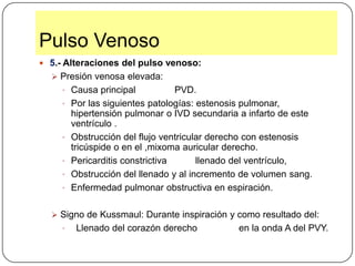 Pulso Arterial Es una onda palpable que se produce por la expulsión de la sangre en el ventrículo izquierdo, durante la sístole de cada ciclo cardiaco. El pulso arterial se puede tomar a través de las arterias:  Radial (mas frecuente).      Femoral. Cubital.                             Poplítea.   Braquial o humeral.          Tibial anterior. Temporal.                         Tibial posterior. Carótida.                           Pedia Subclavia.                    