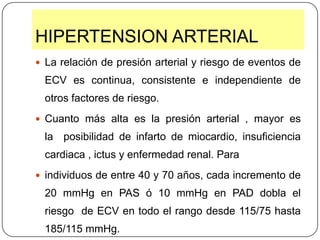 HIPERTENSION ARTERIAL La relación de presión arterial y riesgo de eventos de ECV es continua, consistente e independiente de otros factores de riesgo. Cuanto más alta es la presión arterial , mayor es la  posibilidad de infarto de miocardio, insuficiencia cardiaca , ictus y enfermedad renal. Para individuos de entre 40 y 70 años, cada incremento de 20 mmHg en PAS ó 10 mmHg en PAD dobla el riesgo  de ECV en todo el rango desde 115/75 hasta 185/115 mmHg.