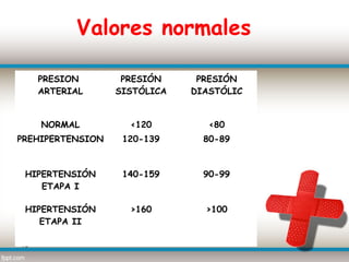 Valores normales

     PRESION       PRESIÓN     PRESIÓN
     ARTERIAL     SISTÓLICA   DIASTÓLIC


     NORMAL         <120         <80
PREHIPERTENSION    120-139      80-89



 HIPERTENSIÓN      140-159      90-99
    ETAPA I

 HIPERTENSIÓN       >160        >100
    ETAPA II

18
 