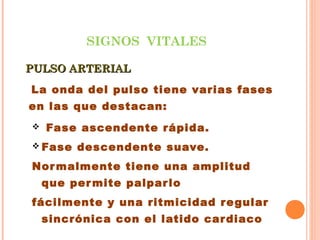 SIGNOS VITALES
PULSO ARTERIAL
La onda del pulso tiene varias fases
en las que destacan:


Fase ascendente rápida.

 Fase

descendente suave.

Nor malmente tiene una amplitud
que per mite palpar lo
fácilmente y una ritmicidad r e gular
sincrónica con el latido car diaco

 