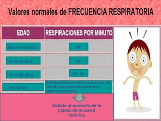 Recién nacido 
A los 5 años 
15 a 20 años 
ancianos 
44 
26 
12- 20 
F.R promedio se eleva al avanzar la 
edad y la expansión 12- 20 
torácica 
tiende a declinar 
Debido al aumento de la 
rigidez de la pared 
torácica 
 