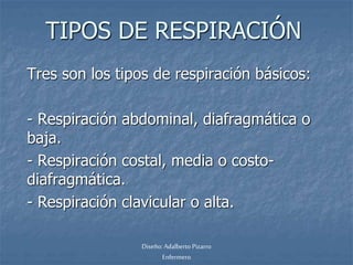 TIPOS DE RESPIRACIÓN 
Tres son los tipos de respiración básicos: 
- Respiración abdominal, diafragmática o 
baja. 
- Respiración costal, media o costo-diafragmática. 
- Respiración clavicular o alta. 
Diseño: Adalberto Pizarro 
Enfermero 
 