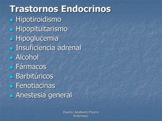 Trastornos Endocrinos 
Diseño: Adalberto Pizarro 
Enfermero 
 Hipotiroidismo 
 Hipopituitarismo 
 Hipoglucemia 
 Insuficiencia adrenal 
 Alcohol 
 Fármacos 
 Barbitúricos 
 Fenotiacinas 
 Anestesia general 
 