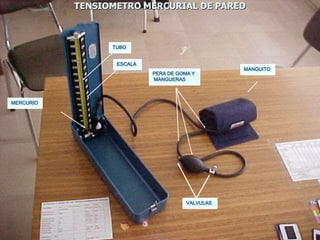 TENSIOMETRO MERCURIAL DE PARED 
PERA DE GOMA Y 
MANGUERAS 
Diseño: Adalberto Pizarro 
Enfermero 
TUBO 
MERCURIO 
VALVULAS 
MANGUITO 
ESCALA 
 