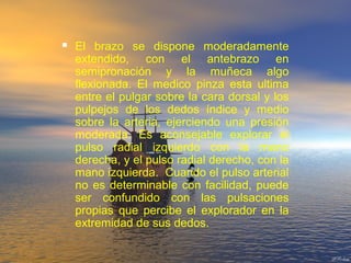  El brazo se dispone moderadamente
extendido, con el antebrazo en
semipronación y la muñeca algo
flexionada. El medico pinza esta ultima
entre el pulgar sobre la cara dorsal y los
pulpejos de los dedos índice y medio
sobre la arteria, ejerciendo una presión
moderada. Es aconsejable explorar el
pulso radial izquierdo con la mano
derecha, y el pulso radial derecho, con la
mano izquierda. Cuando el pulso arterial
no es determinable con facilidad, puede
ser confundido con las pulsaciones
propias que percibe el explorador en la
extremidad de sus dedos.
 