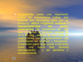  Considerada como una respiración
propia del automatismo bulbar; dos
factores son necesarios para que se
produzca: déficit irrigatorio cerebral e
hipoexcitabilidad del centro
respiratorio. Se caracteriza por una
fase de apnea de duración variable de
10 a 30 seg., seguida de una serie de
respiraciones que progresivamente van
aumentando en amplitud y frecuencia
(crescendo) para luego volver a decrecer
hasta una nueva fase apneica
(decrescendo) , y así periódica y
sucesivamente.
 