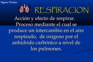 11
Signos VitalesSignos Vitales
Acción y efecto de respirar.Acción y efecto de respirar.
Proceso mediante el cual seProceso mediante el cual se
produce un intercambio en el aireproduce un intercambio en el aire
respirado, de oxígeno por elrespirado, de oxígeno por el
anhídrido carbónico a nivel deanhídrido carbónico a nivel de
los pulmones.los pulmones.
RESPIRACIONRESPIRACION
 