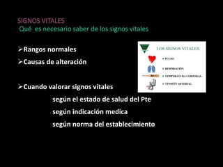 SIGNOS VITALES
Qué es necesario saber de los signos vitales
Rangos normales
Causas de alteración
Cuando valorar signos vitales
según el estado de salud del Pte
según indicación medica
según norma del establecimiento
 