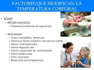 FACTORES QUE MODIFICAN LA
TEMPERATURA CORPORAL
• EDAD
– RECIEN NACIDOS
• Presentan problemas de regulación
– ANCIANOS
• Índice metabólico disminuye
• Disminuye Gasto cardiaco, Frecuencia cardia.
• Menor velocidad sudor
• Menor irrigación piel
• Menor capacidad de aclimatación
• Dieta inadecuada
• Falta actividad
• Reducción termorregulación
 