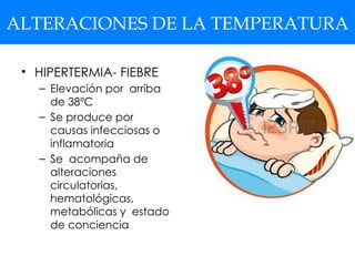 ALTERACIONES DE LA TEMPERATURA
• HIPERTERMIA- FIEBRE
– Elevación por arriba
de 38ºC
– Se produce por
causas infecciosas o
inflamatoria
– Se acompaña de
alteraciones
circulatorias,
hematológicas,
metabólicas y estado
de conciencia
 