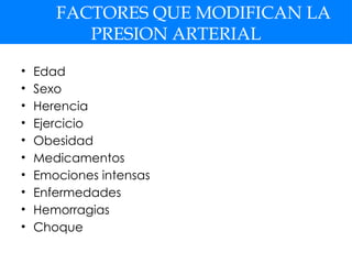 FACTORES QUE MODIFICAN LA
PRESION ARTERIAL
• Edad
• Sexo
• Herencia
• Ejercicio
• Obesidad
• Medicamentos
• Emociones intensas
• Enfermedades
• Hemorragias
• Choque
 
