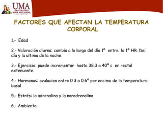 FACTORES QUE AFECTAN LA TEMPERATURA
CORPORAL
1.- Edad
2.- Valoración diurna: cambia a lo largo del día 1º entre la 1ª HR. Del
día y la ultima de la noche.
3.- Ejercicio: puede incrementar hasta 38.3 a 40º c en rectal
extenuante.
4.- Hormonas: ovulacion entre 0.3 a 0.6º por encima de la temperatura
basal
5.- Estrés: la adrenalina y la noradrenalina
6.- Ambiente.
 