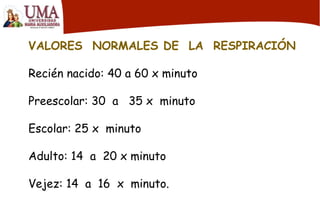 VALORES NORMALES DE LA RESPIRACIÓN
Recién nacido: 40 a 60 x minuto
Preescolar: 30 a 35 x minuto
Escolar: 25 x minuto
Adulto: 14 a 20 x minuto
Vejez: 14 a 16 x minuto.
 