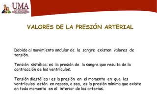 VALORES DE LA PRESIÓN ARTERIAL
Debido al movimiento ondular de la sangre existen valores de
tensión.
Tensión sistólica: es la presión de la sangre que resulta de la
contracción de los ventrículos.
Tensión diastólica : es la presión en el momento en que los
ventrículos están en reposo, o sea, es la presión mínima que existe
en todo momento en el interior de las arterias.
 