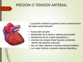 La presión arterial se genera como consecuencia
de todos estos factores:
• fuerza del corazón
• elasticidad de la aorta y arterias principales
• resistencia de los vasos pequeños) y
• volumen de sangre (fase líquida) contenida
dentro del sistema vascular.
• con un valor máximo o tensión arterial sistólica
y un valor mínimo o tensión arterial diastólica.
PRESIÓN O TENSIÓN ARTERIAL
 
