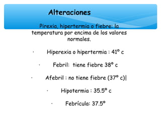 Alteraciones
                      
    Pirexia, hipertermia o fiebre: la
temperatura por encima de los valores
                normales.
                      
·        Hiperexia o hipertermia : 41º c

   ·        Febril: tiene fiebre 38º c

·        Afebril : no tiene fiebre (37º c)|

       ·        Hipotermia : 35.5º c

         ·        Febrícula: 37.5º
 