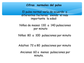 Cifras normales del pulso
                      
   El pulso normal varía de acuerdo a
  diferentes factores; siendo el más
          importante la edad:
                      
 Niños de meses: 130 a 140 pulsaciones
            por minuto
                      
Niños: 80 a 100 pulsaciones por minuto

                     
Adultos: 72 a 80 pulsaciones por minuto
                     
 Ancianos: 60 o menos pulsaciones por
            minuto.
 