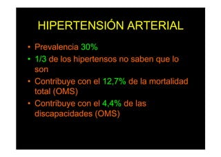 HIPERTENSIÓN ARTERIAL
• Prevalencia 30%
• 1/3 de los hipertensos no saben que lo
son
• Contribuye con el 12,7% de la mortalidad
total (OMS)
• Contribuye con el 4,4% de las
discapacidades (OMS)
 