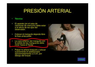 PRESIÓN ARTERIAL
• Técnica
• El aparato (en el caso de
columnas de mercurio) debe estar
a la altura de los ojos del
observador.
• Colocar el manguito dejando libre
la fosa antecubital.
• La cara anterior del manguito con
la salida de las mangueras debe
mirar hacia el frente
• Palpar la arteria braquial y colocar
suavemente el estetoscopio
aproximadamente a 2 cm. por
debajo del brazal.
Volver
 