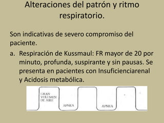 Alteraciones del patrón y ritmo
respiratorio.
Son indicativas de severo compromiso del
paciente.
a. Respiración de Kussmaul: FR mayor de 20 por
minuto, profunda, suspirante y sin pausas. Se
presenta en pacientes con Insuficienciarenal
y Acidosis metabólica.
 