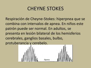 CHEYNE STOKES
Respiración de Cheyne-Stokes: hiperpnea que se
combina con intervalos de apnea. En niños este
patrón puede ser normal. En adultos, se
presenta en lesión bilateral de los hemisferios
cerebrales, ganglios basales, bulbo,
protuberancia y cerebelo.
 