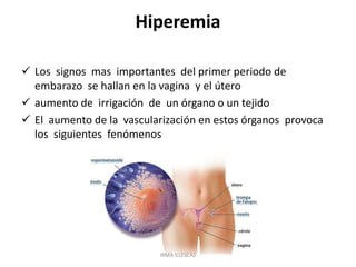 Hiperemia
 Los signos mas importantes del primer periodo de
embarazo se hallan en la vagina y el útero
 aumento de irrigación de un órgano o un tejido
 El aumento de la vascularización en estos órganos provoca
los siguientes fenómenos
IRMA ILLESCAS
 