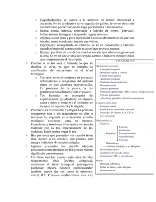 o Coqueluchoidea:	
   se	
   parece	
   a	
   la	
   anterior,	
   de	
   menor	
   intensidad	
   y	
  
duración.	
  No	
  es	
  productiva	
  ni	
  va	
  seguida	
  de	
  gallito.	
  Se	
  ve	
  en	
  síndrome	
  
mediastinico,	
  por	
  irritación	
  del	
  vago	
  por	
  tumores	
  o	
  inflamación.	
  	
  
o Ronca:	
   ronca,	
   intensa,	
   semejante	
   a	
   ladrido	
   de	
   perro.	
   “perruna”.	
  
Inflamaciones	
  laríngeas	
  o	
  traqueolaringeas	
  intensas.	
  
o Afónica:	
  suena	
  poco	
  y	
  poca	
  intensidad.	
  Lesiones	
  destructivas	
  de	
  cuerdas	
  
vocales,	
  como	
  neoplasias,	
  impide	
  que	
  vibren.	
  
o Emetizante:	
   acompañada	
   de	
   vómitos.	
   Se	
   ve	
   en	
   coqueluche	
   y	
   también	
  
cuando	
  el	
  material	
  expectorado	
  es	
  aquel	
  que	
  provoca	
  nausea.	
  
o Bitonal:	
  parálisis	
  de	
  una	
  de	
  las	
  cuerdas	
  vocales	
  que	
  vibra	
  mas	
  grave	
  que	
  
la	
  otra.	
  Se	
  ve	
  en	
  aneurisma	
  del	
  cayado	
  aórtico	
  o	
  tumores	
  mediastinicos	
  
que	
  comprometen	
  el	
  recurrente.	
  
• Precisar	
   si	
   es	
   tos	
   seca	
   o	
   húmeda,	
   lo	
   que	
   se	
  
clasifica	
   al	
   oírla,	
   ya	
   que	
   se	
   escucha	
   la	
  
movilización	
   de	
   secreciones	
   en	
   el	
   árbol	
  
bronquial.	
  
o Tos	
  seca:	
  se	
  ve	
  al	
  comienzo	
  de	
  procesos	
  
inflamatorios	
   o	
   congestivo	
   del	
   pulmón	
  
antes	
   de	
   que	
   aparezca	
   expectoración.	
  
En	
   procesos	
   de	
   la	
   pleura,	
   la	
   tos	
  
permanece	
  seca	
  durante	
  todo	
  el	
  cuadro	
  
o Tos	
   humada:	
   se	
   acompaña	
   de	
  
expectoración	
   (productiva),	
   en	
   algunos	
  
casos	
   (niños	
   y	
   mujeres)	
   el	
   enfermo	
   es	
  
incapaz	
  de	
  expulsarla	
  y	
  la	
  deglute.	
  
• Precisar	
  si	
  es	
  tos	
  reciente	
  o	
  antigua.	
  La	
  primera	
  
desaparece	
   con	
   o	
   sin	
   tratamiento	
   en	
   días	
   o	
  
semanas.	
   La	
   segunda	
   va	
   a	
   necesitar	
   estudio	
  
etiológico	
   acuciosos	
   para	
   su	
   manejo.	
  
Fumadores	
  y	
  tosedores	
  inveterados	
  no	
  acusan	
  
malestar	
   con	
   la	
   tos,	
   especialmente	
   de	
   las	
  
mañanas.	
  Estos	
  suelen	
  negar	
  la	
  tos.	
  	
  
• Hay	
  personas	
  que	
  presentan	
  tos	
  cuando	
  tejen	
  
lana,	
   barren	
   o	
   en	
   contacto	
   con	
   plumas,	
   con	
  
smog	
  o	
  irritantes	
  à	
  reacción	
  alérgica	
  
• Algunos	
   presentan	
   tos	
   cuando	
   adoptan	
  
posiciones	
  como	
  decúbito	
  en	
  ICC	
  y	
  tiene	
  mismo	
  
significado	
  que	
  ortopnea.	
  
• Tos	
   tiene	
   muchas	
   causas:	
   catarrales	
   de	
   vías	
  
respiratorias	
   altas	
   (virales,	
   alérgicas),	
  
afecciones	
   al	
   árbol	
   bronquial,	
   parénquima	
  
pulmonar,	
   pleura.	
   Aparato	
   cardiovascular	
  
también	
   puede	
   dar	
   tos	
   como	
   la	
   estenosis	
  
mitral,	
   ICC.	
   Procesos	
   mediastinicos	
   rara	
   vez	
  
 