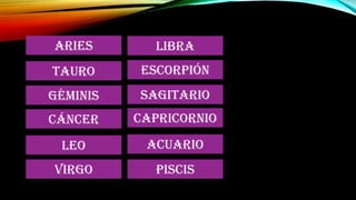 Aries
Tauro
Géminis
Cáncer
Leo
Virgo
Libra
Piscis
Escorpión
Sagitario
Capricornio
Acuario
 