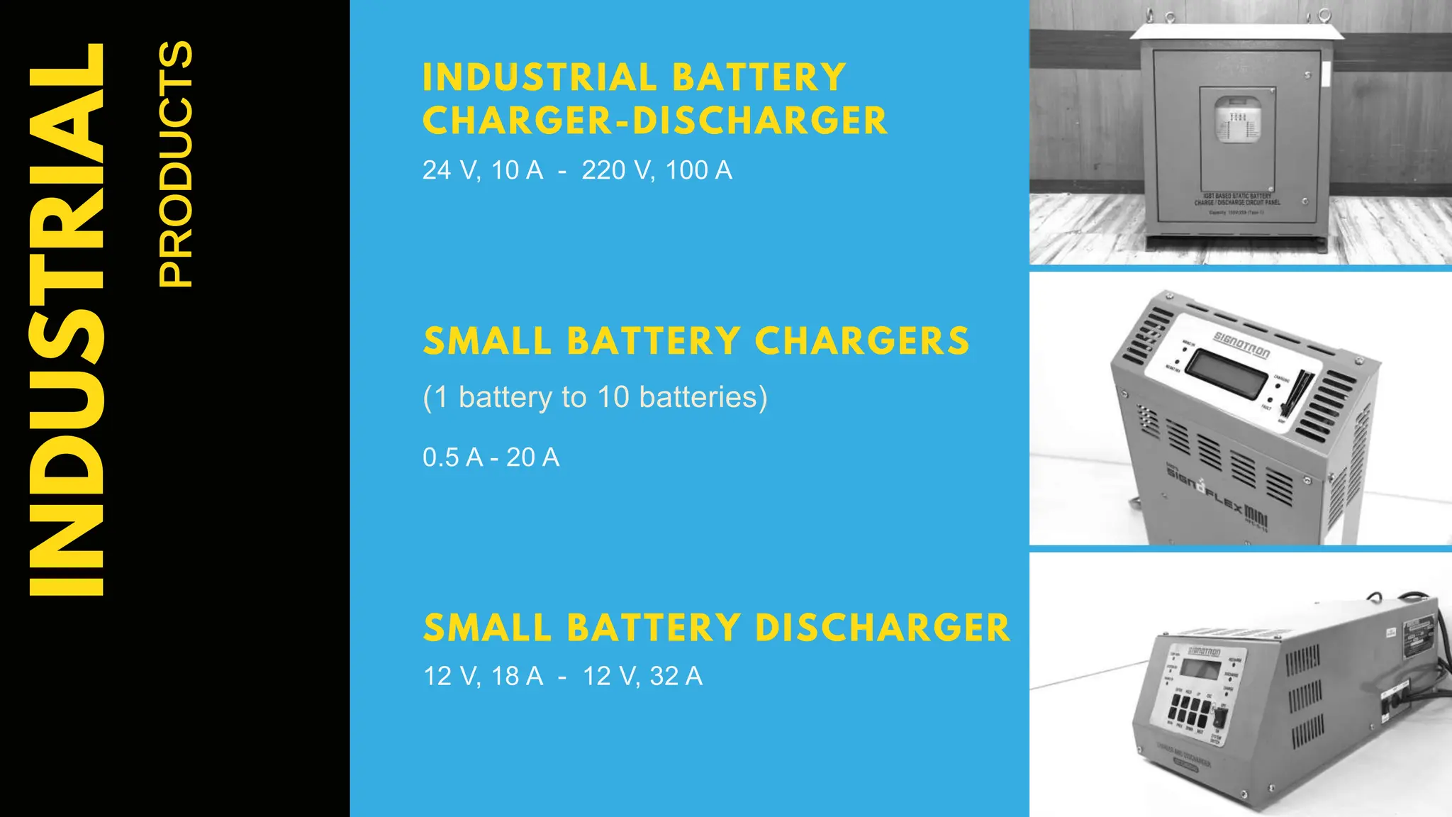 INDUSTRIAL
PRODUCTS
INDUSTRIAL BATTERY
CHARGER-DISCHARGER
24 V, 10 A - 220 V, 100 A
SMALL BATTERY CHARGERS
(1 battery to 10 batteries)
0.5 A - 20 A
SMALL BATTERY DISCHARGER
12 V, 18 A - 12 V, 32 A
 
