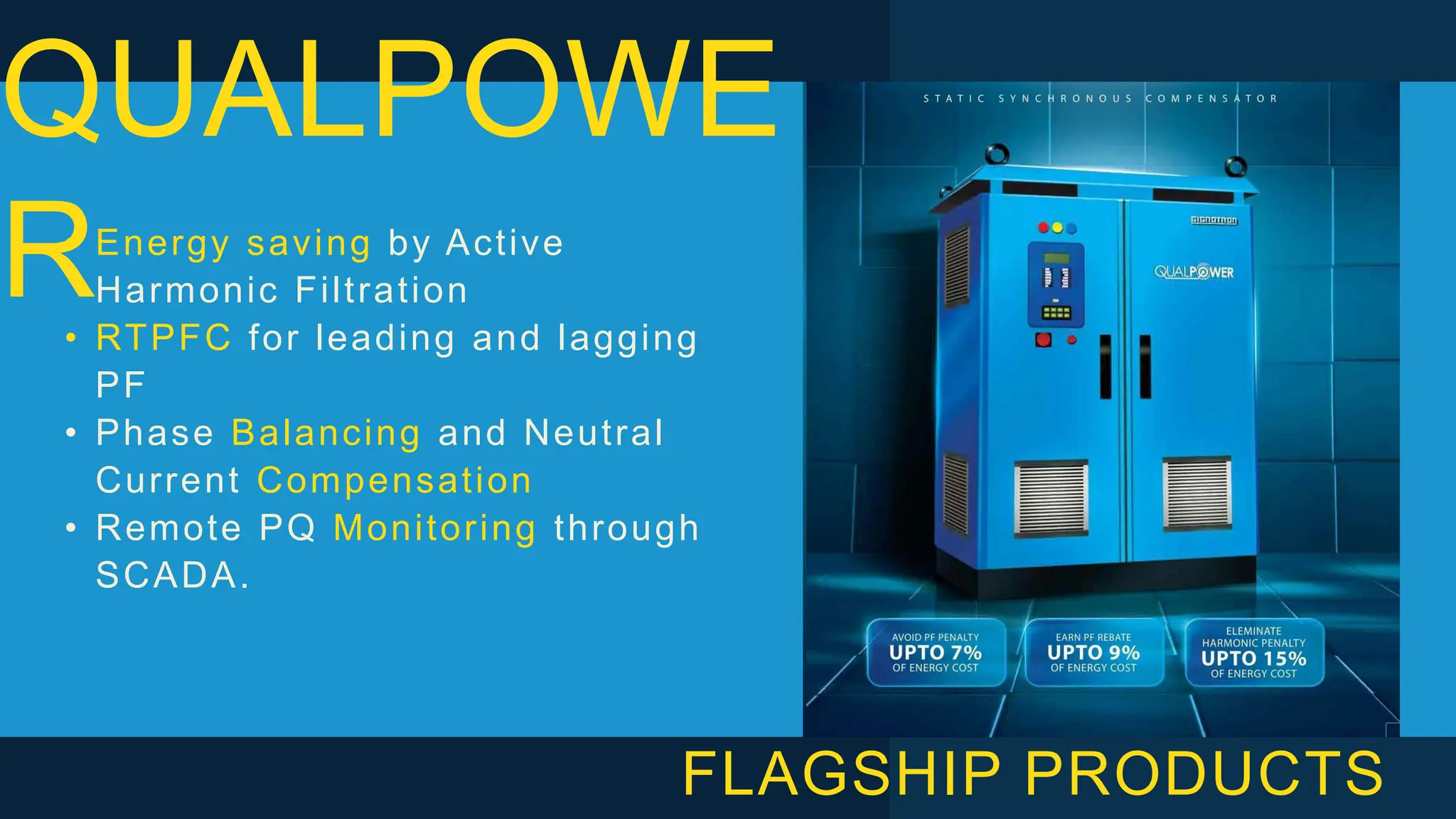 • Energy saving by Active
Harmonic Filtration
• RTPFC for leading and lagging
PF
• Phase Balancing and Neutral
Current Compensation
• Remote PQ Monitoring through
SCADA.
QUALPOWE
R
FLAGSHIP PRODUCTS
 