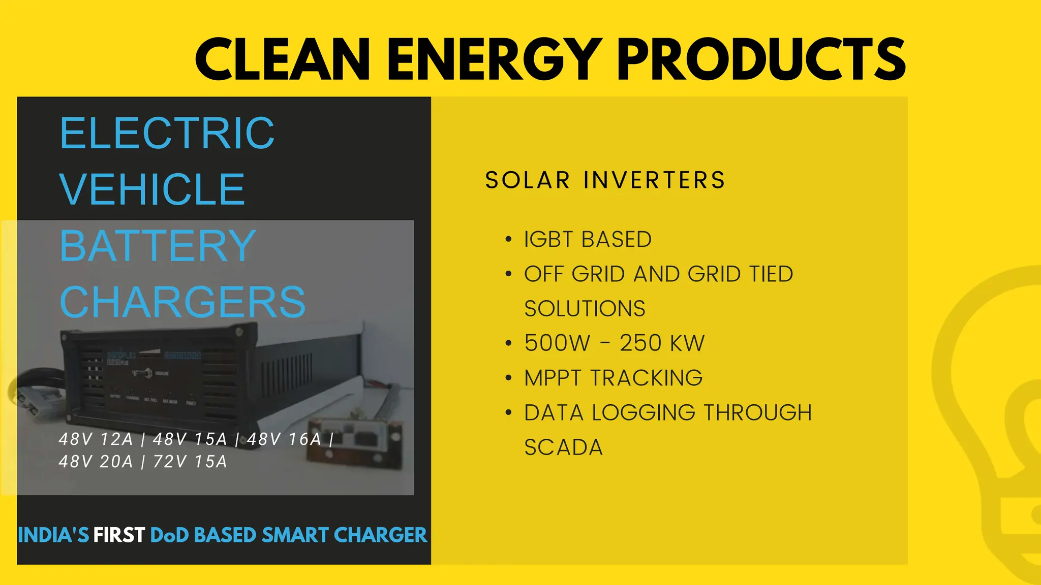 48V 12A | 48V 15A | 48V 16A |
48V 20A | 72V 15A
ELECTRIC
VEHICLE
BATTERY
CHARGERS
SOLAR INVERTERS
• IGBT BASED
• OFF GRID AND GRID TIED
SOLUTIONS
• 500W - 250 KW
• MPPT TRACKING
• DATA LOGGING THROUGH
SCADA
CLEAN ENERGY PRODUCTS
INDIA'S FIRST DoD BASED SMART CHARGER
 